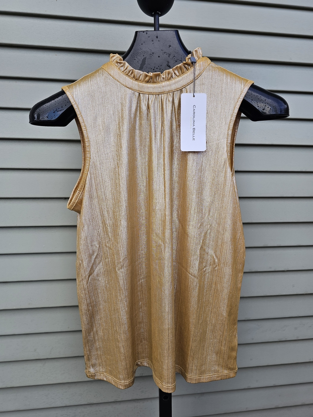 Carolina Belle Gold Metallic Sleeveless Ruffle Neck Top